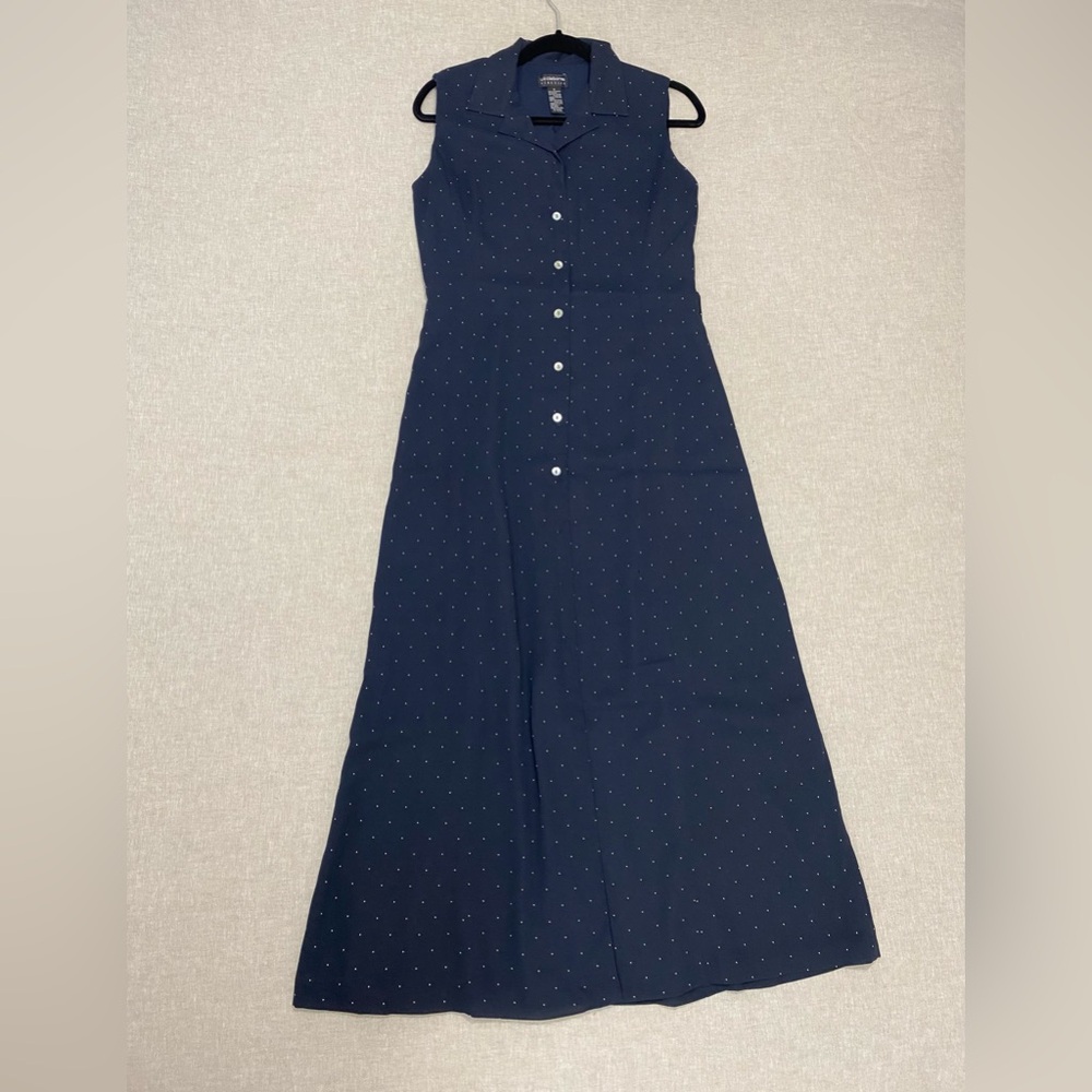 Liz Claiborne,Maxi Shirt Dress Sleeveless Polka Dot, Size 6 Navy Blue